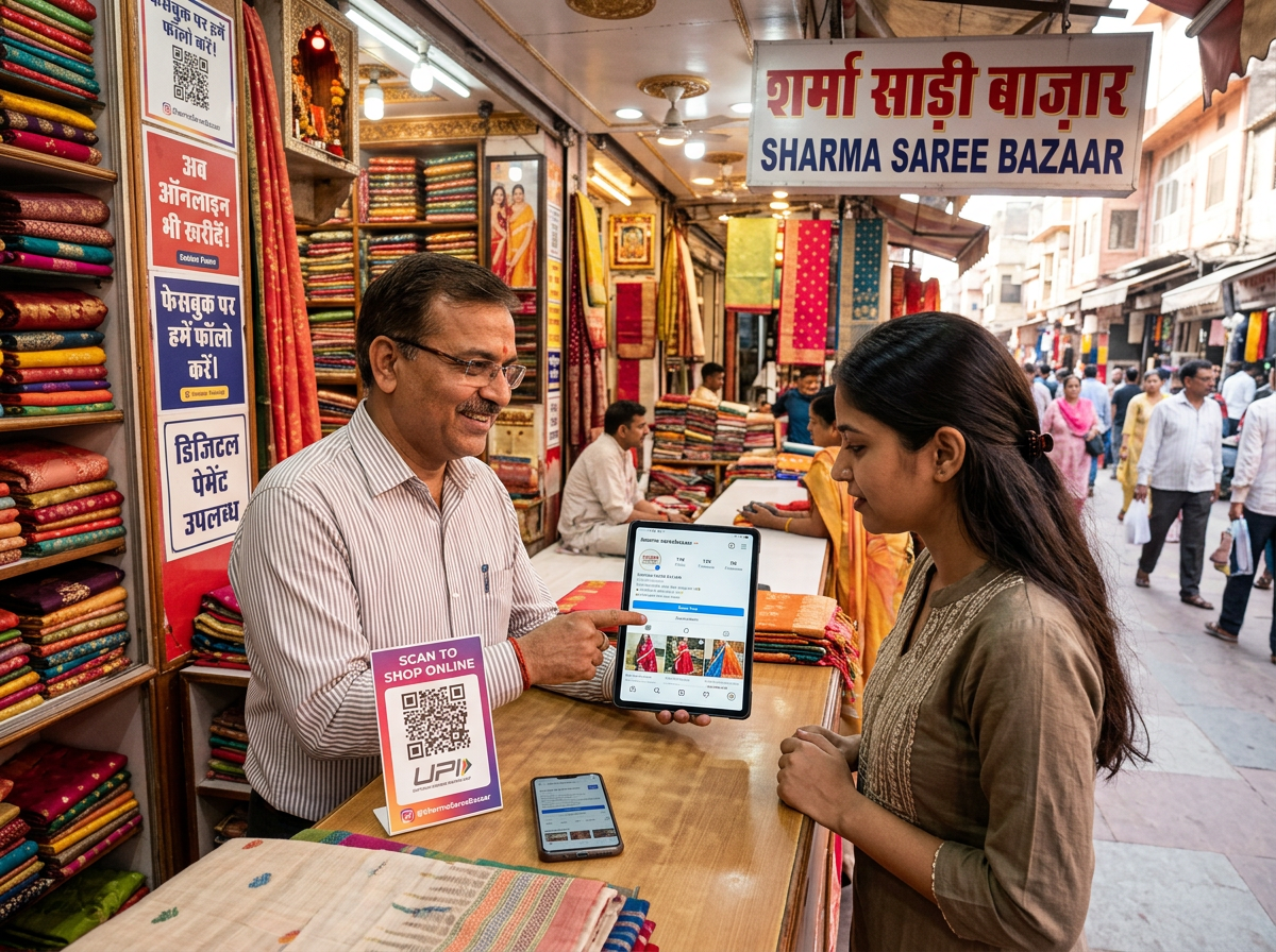Shopkeeper showing online saree collection on tablet to female customer at saree shop